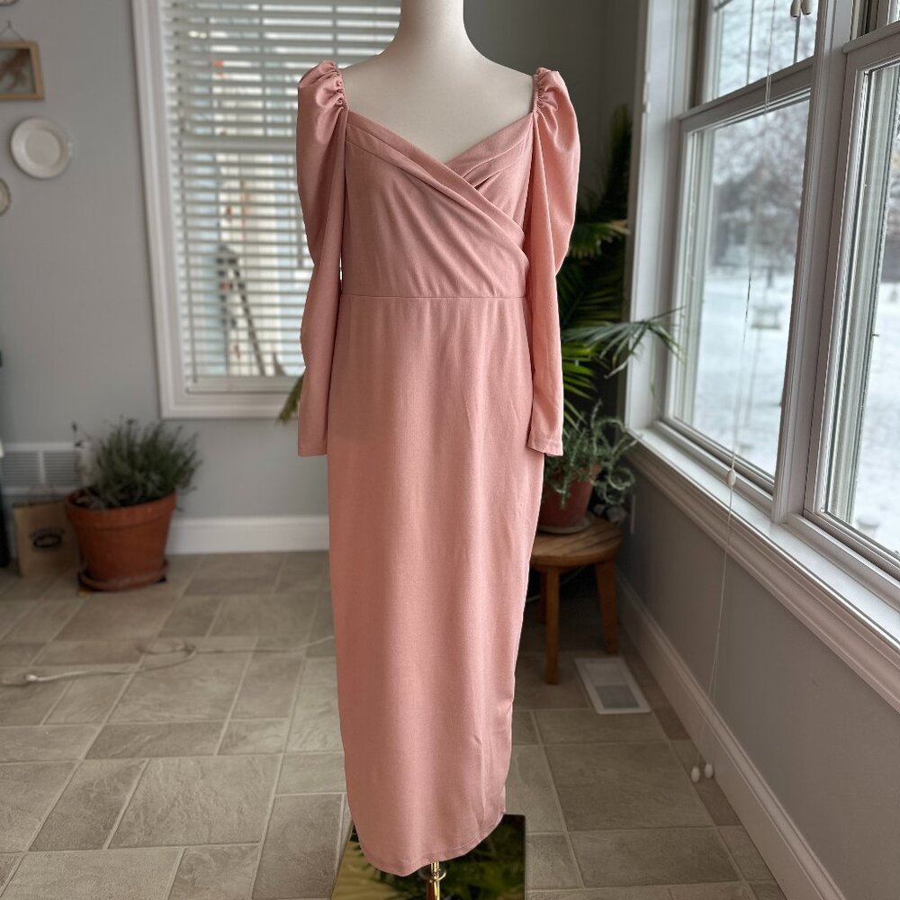 Shein Blush Pink Puff Sleeve Wrap Bodice Midi Dress Size 1XL